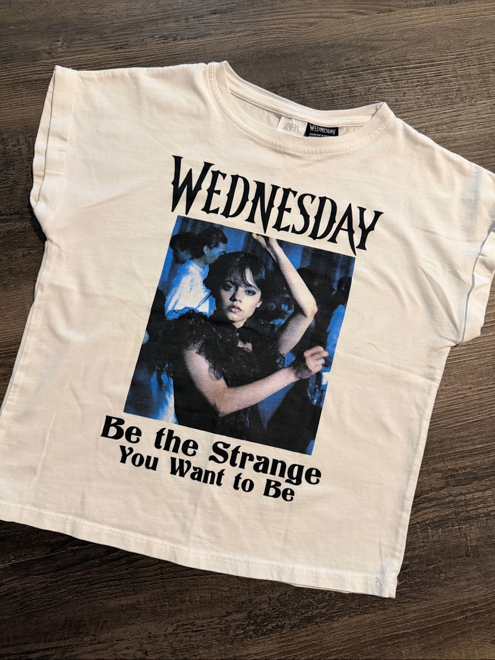 Zara White 'Wednesday' Graphic Tee with Blue Photo Print